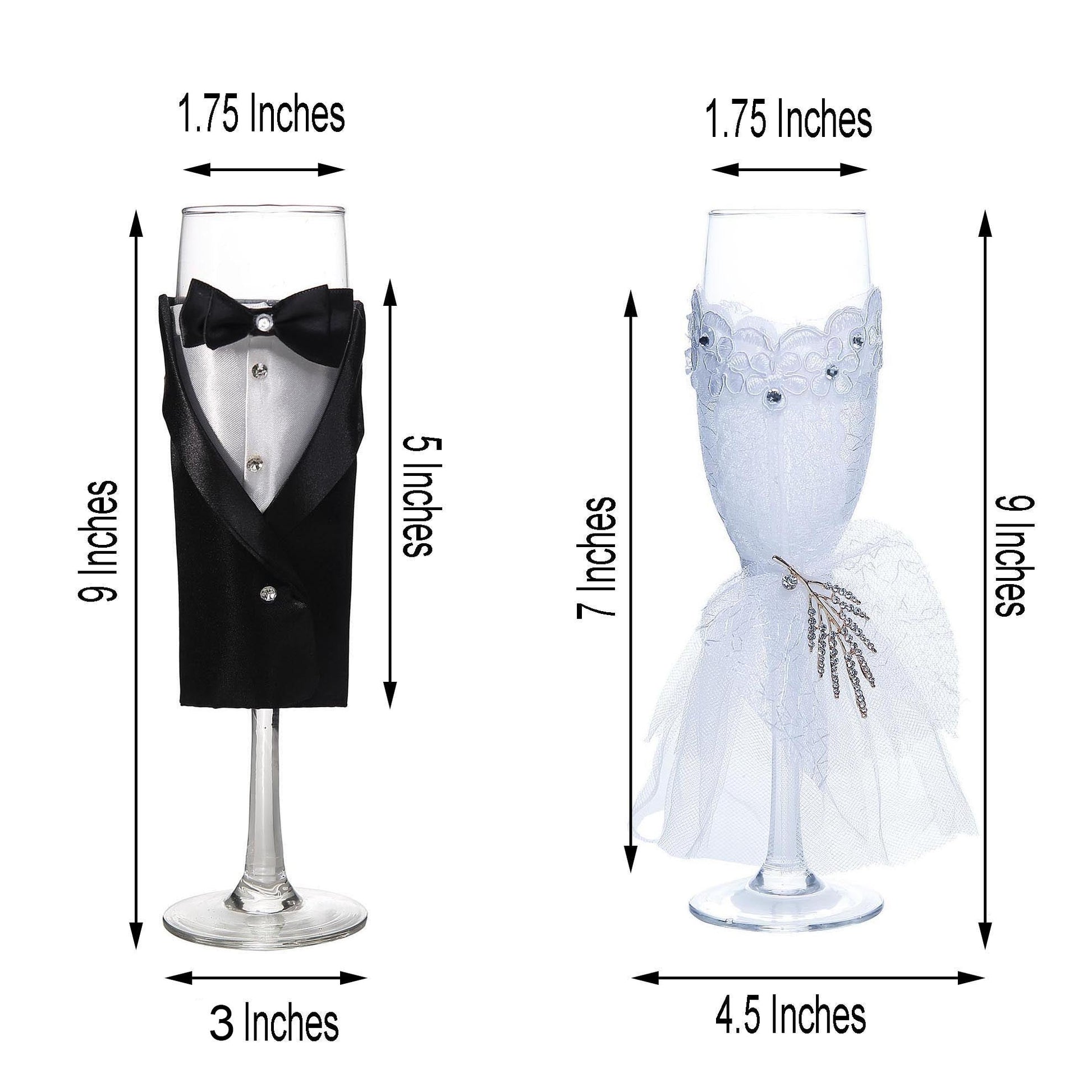 Set of 2 black bride and groom champagne glasses for wedding toasts.