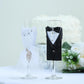 9" black bride groom koozie clear champagne glasses for wedding toasts.