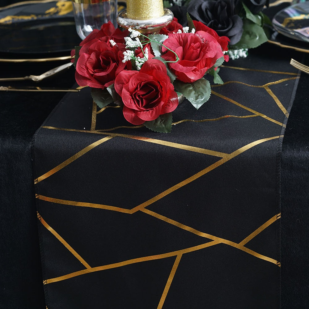 9ft black table runner with gold foil geometric pattern.