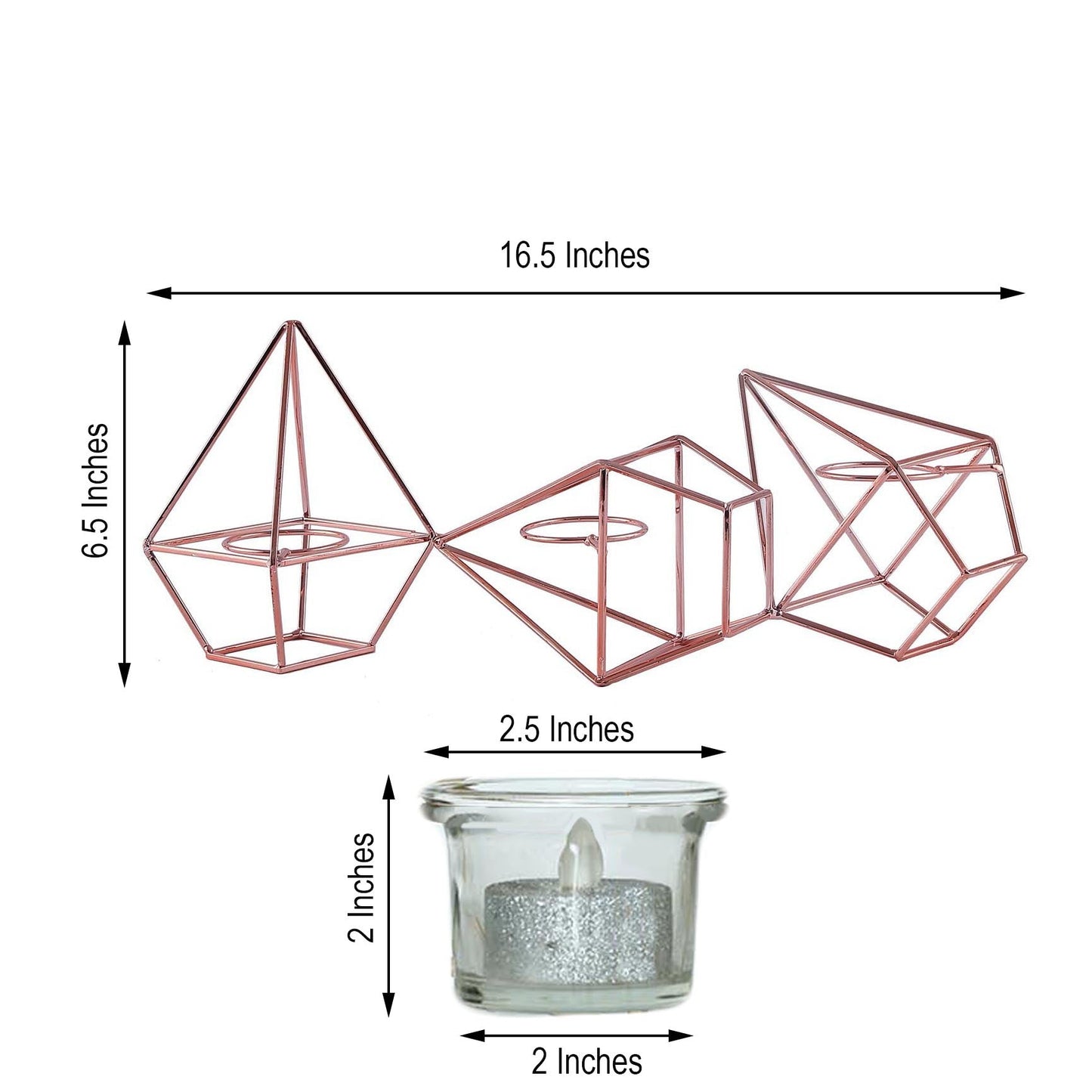 16" Rose Gold Geometric Candle Holder Set - Linked Metal Geometric Centerpieces with Votive Glass Holders