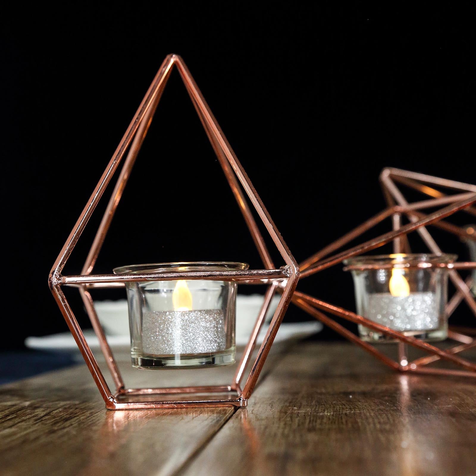 16" Rose Gold Geometric Candle Holder Set - Linked Metal Geometric Centerpieces with Votive Glass Holders