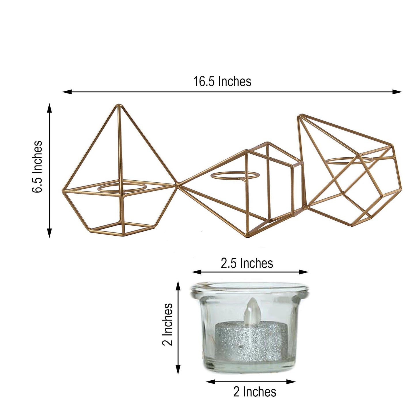 16 Inch Geometric Linked Metal Gold Tealight Candle Holder Set with Votive Glass Holders