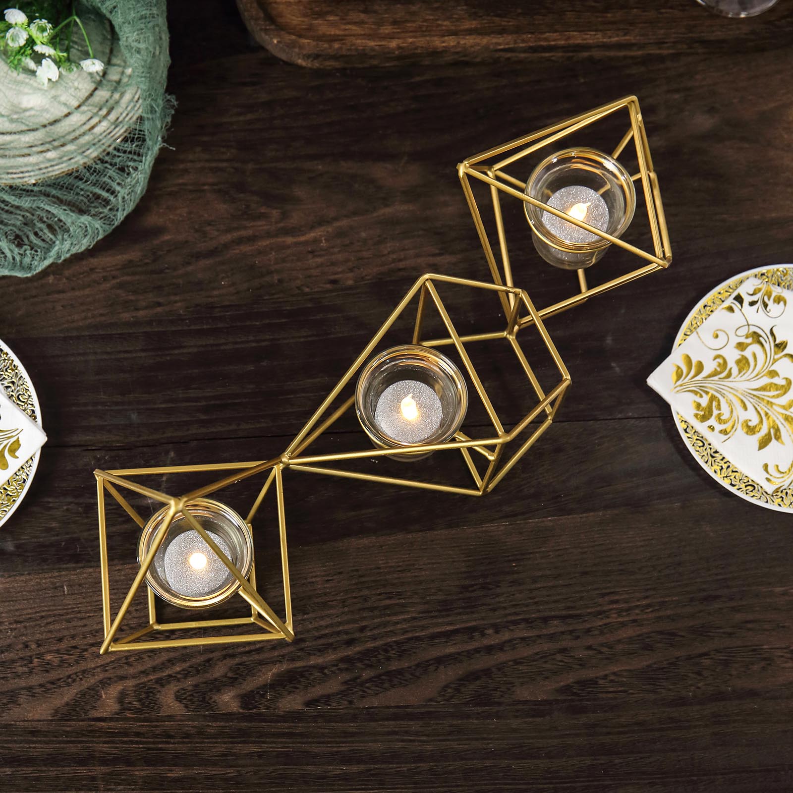 Gold 16 Inch Geometric Linked Metal Tealight Candle Holder Set with Votive Glass Holders