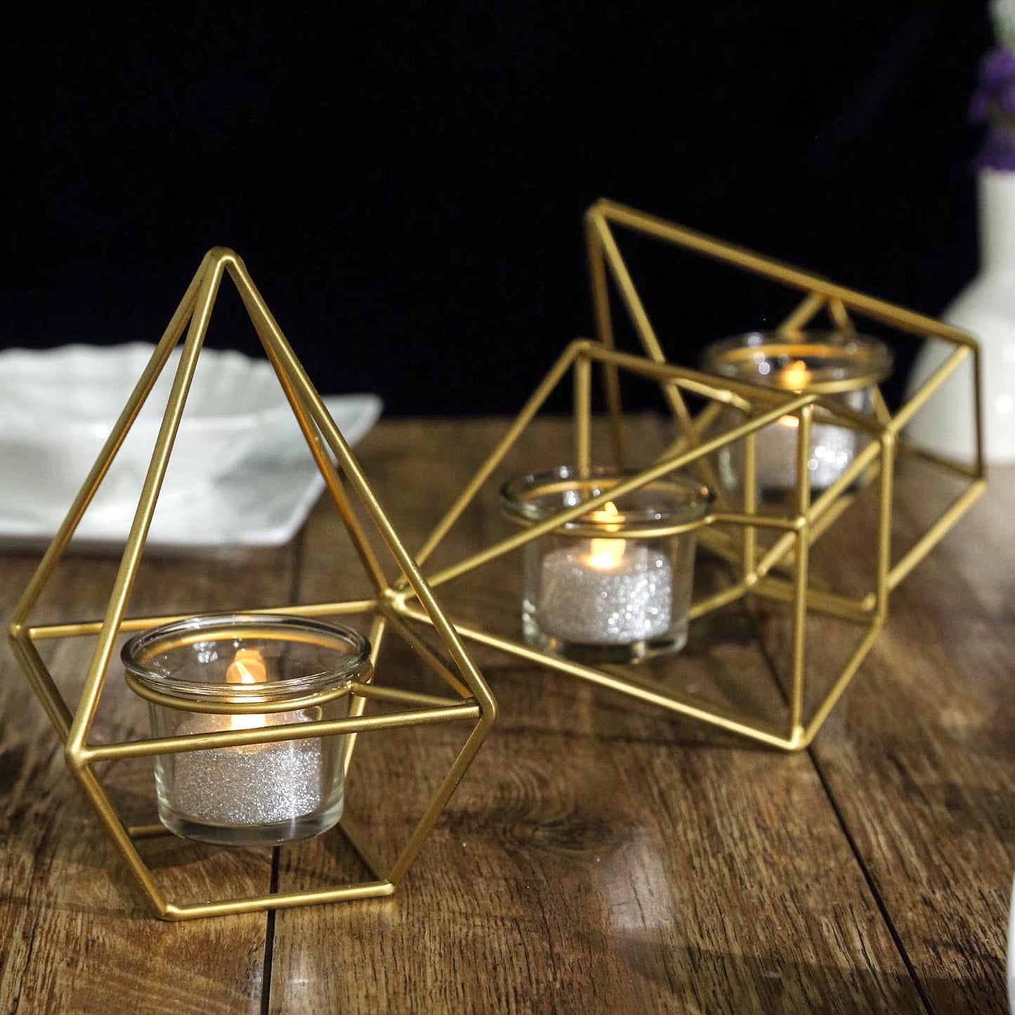 16" Long Gold Linked Geometric Tealight Candle Holder Set With Votive Glass Holders