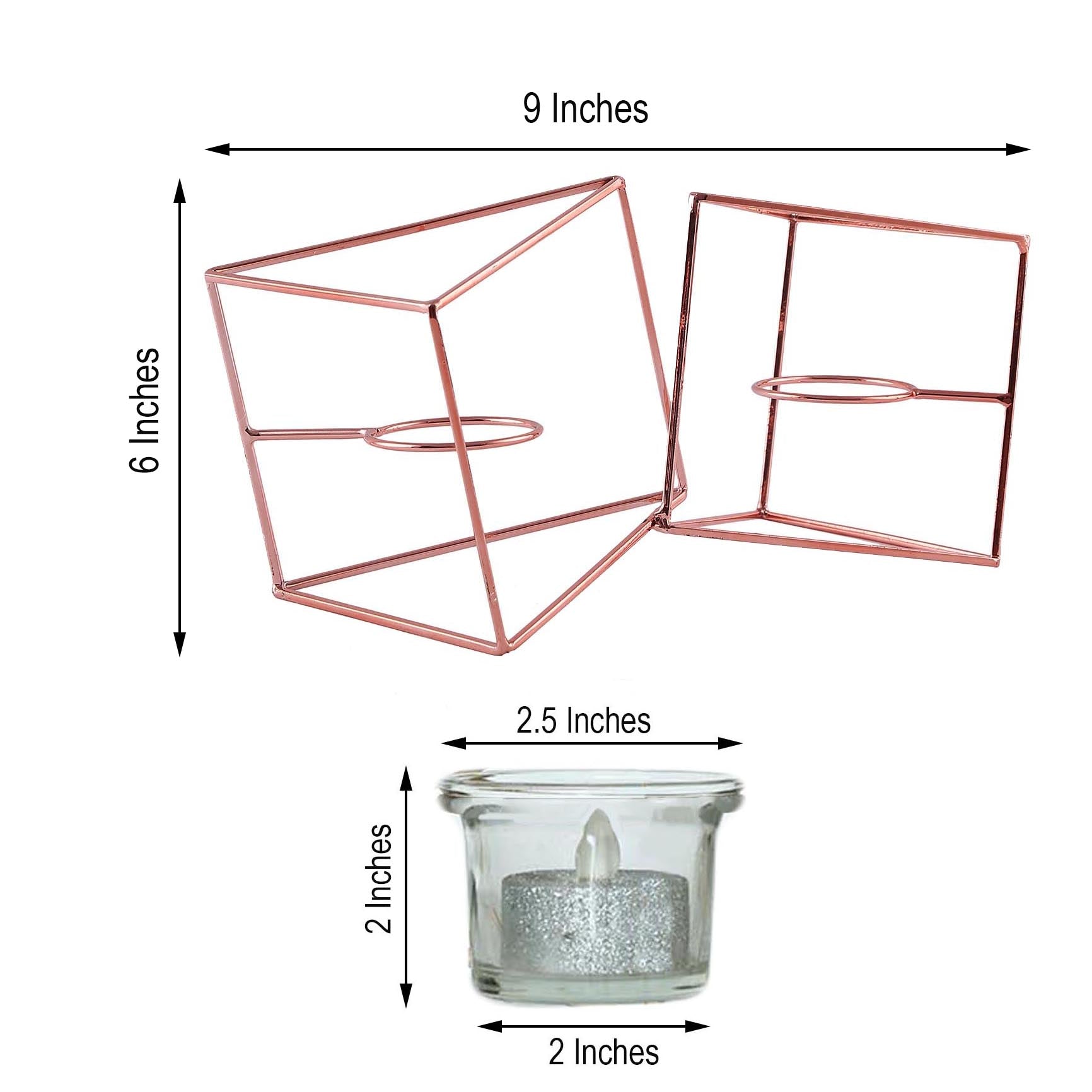 Rose gold geometric candle holder set with glass votive holders.