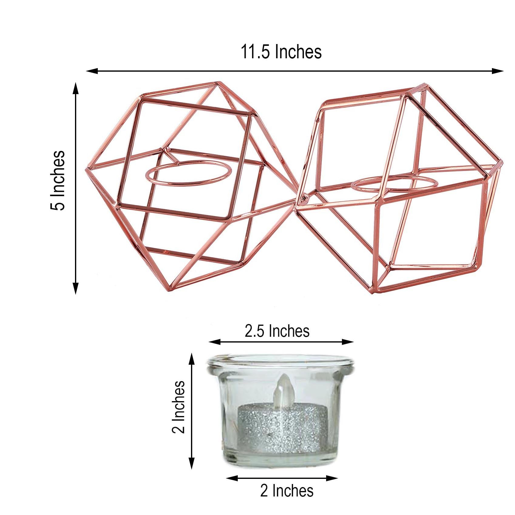 11 Inch Geometric Linked Metal Rose Gold Candle Holder Set with Votive Glass Holders