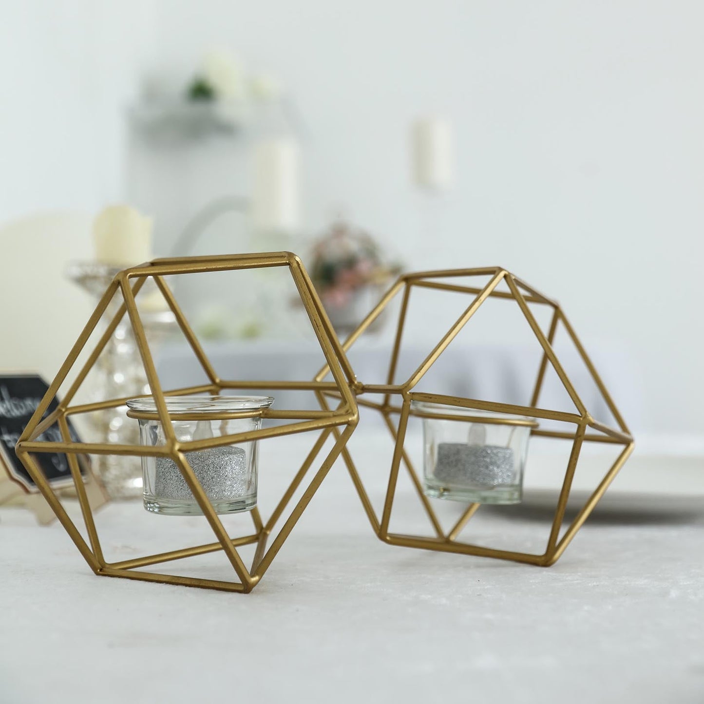 Gold 11 Inch Geometric Linked Metal Tealight Candle Holder Set with Votive Glass Holders