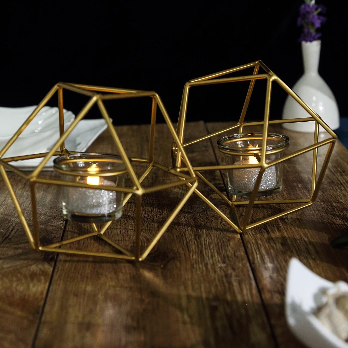 Geometric Linked Metal Tealight Candle Holder Set 11 Inch with Votive Glass Holders in Gold