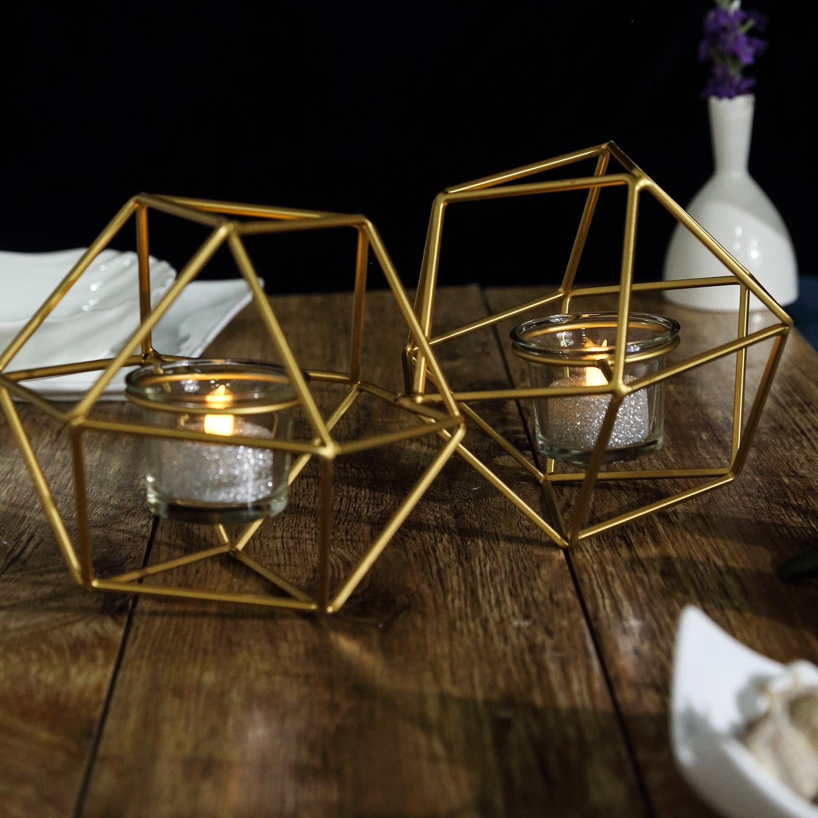 Geometric Linked Metal Tealight Candle Holder Set 11 Inch with Votive Glass Holders in Gold