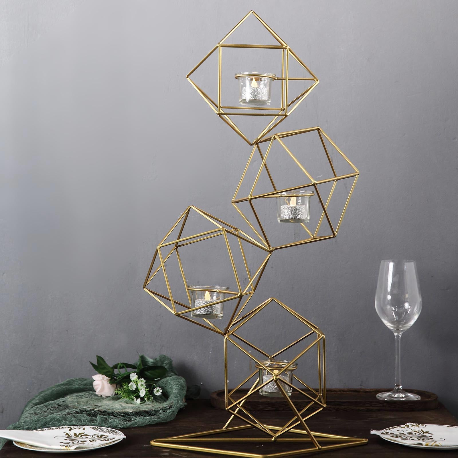 Gold 25 Inch Geometric Linked Metal Tealight Candle Holder Set with Votive Glass Holders