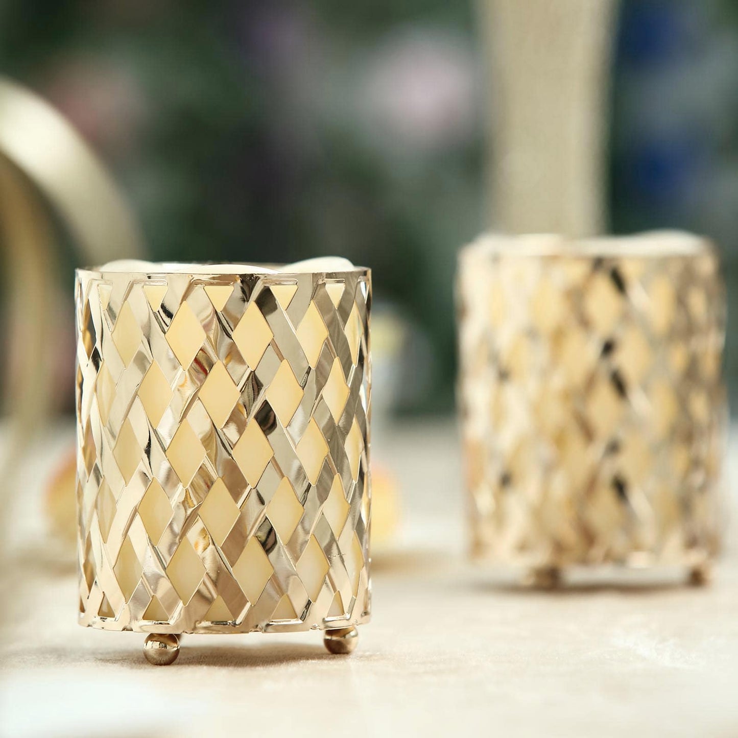 Gold diamond cut votive candle holders, set of 2.