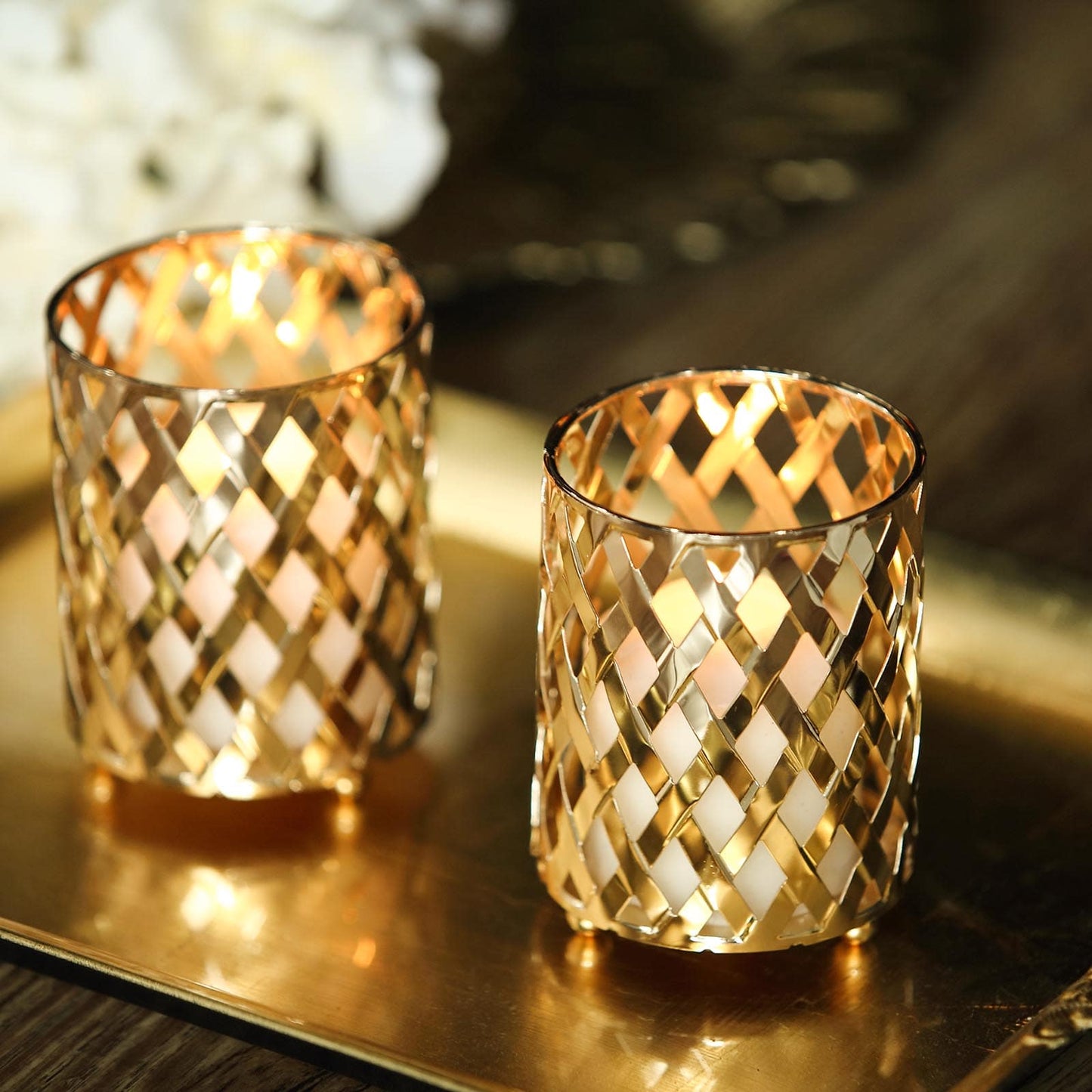 Gold metal diamond cut votive candle holders, set of 2.