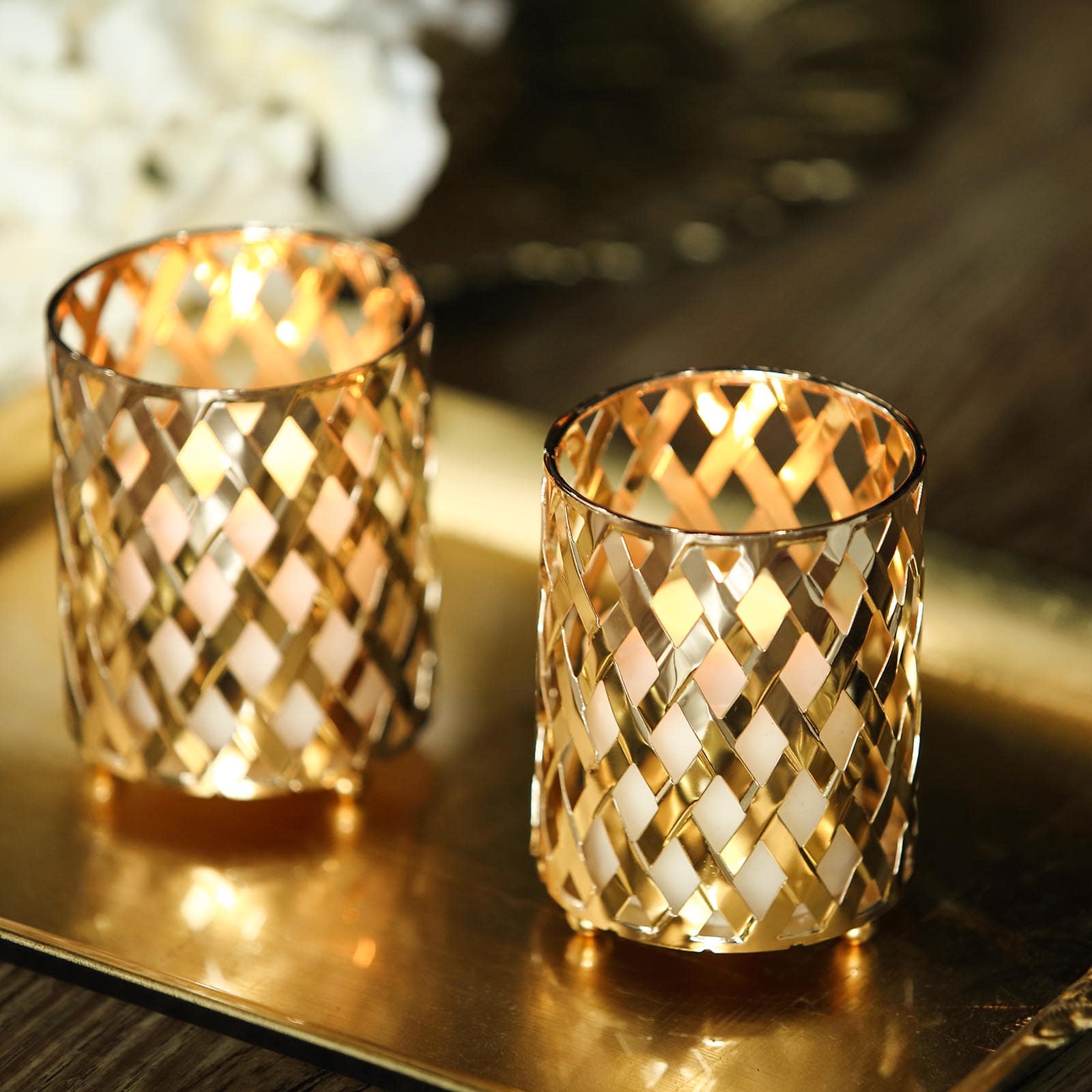 Gold metal diamond cut votive candle holders, set of 2.