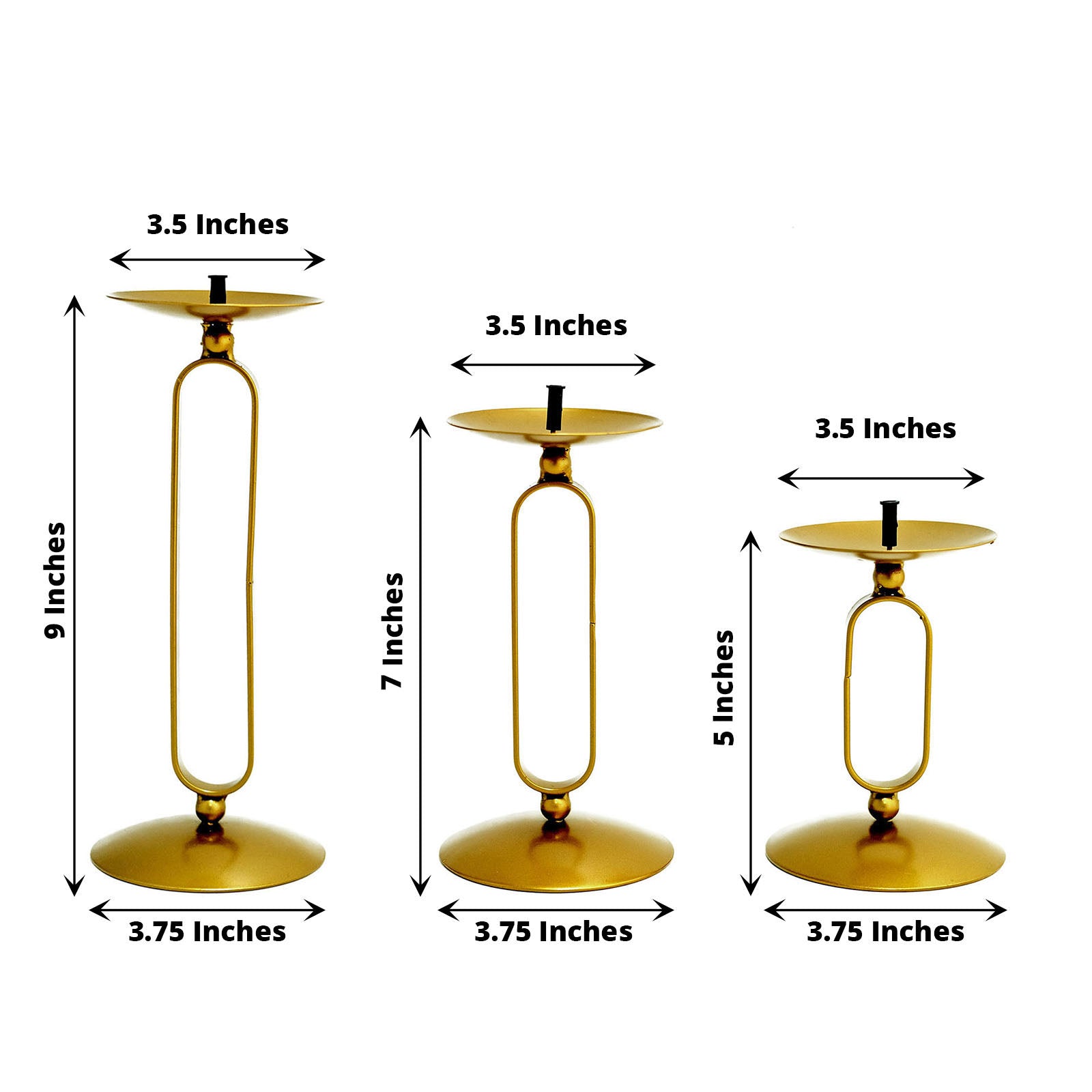 Gold metal oval frame candle holders in assorted sizes for elegant table decor.
