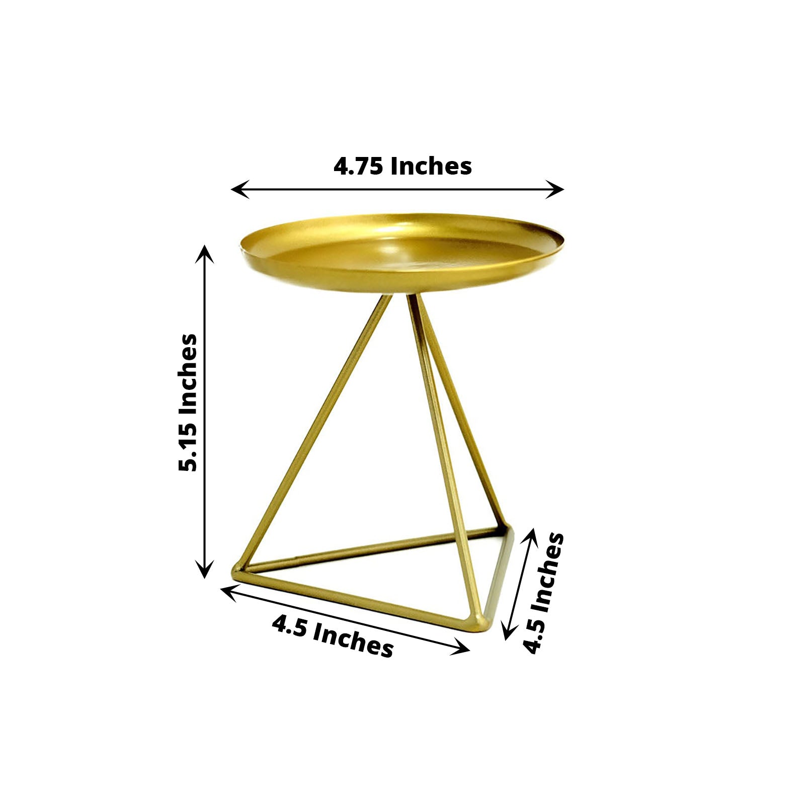 Gold metal triangle base candle holder stand, geometric design, 5 inches tall.