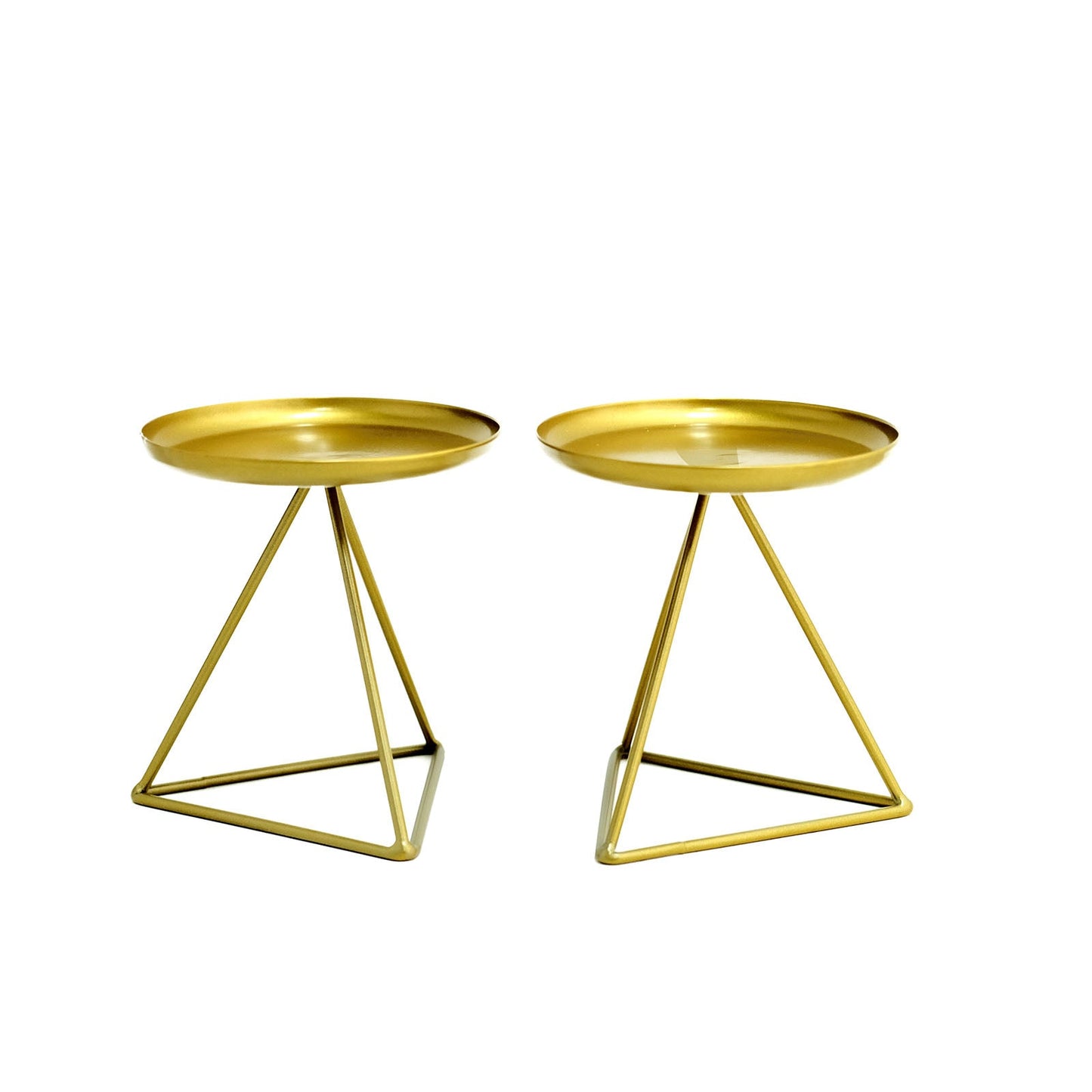 Gold metal triangle base candle holders, geometric design, 5 inches tall.