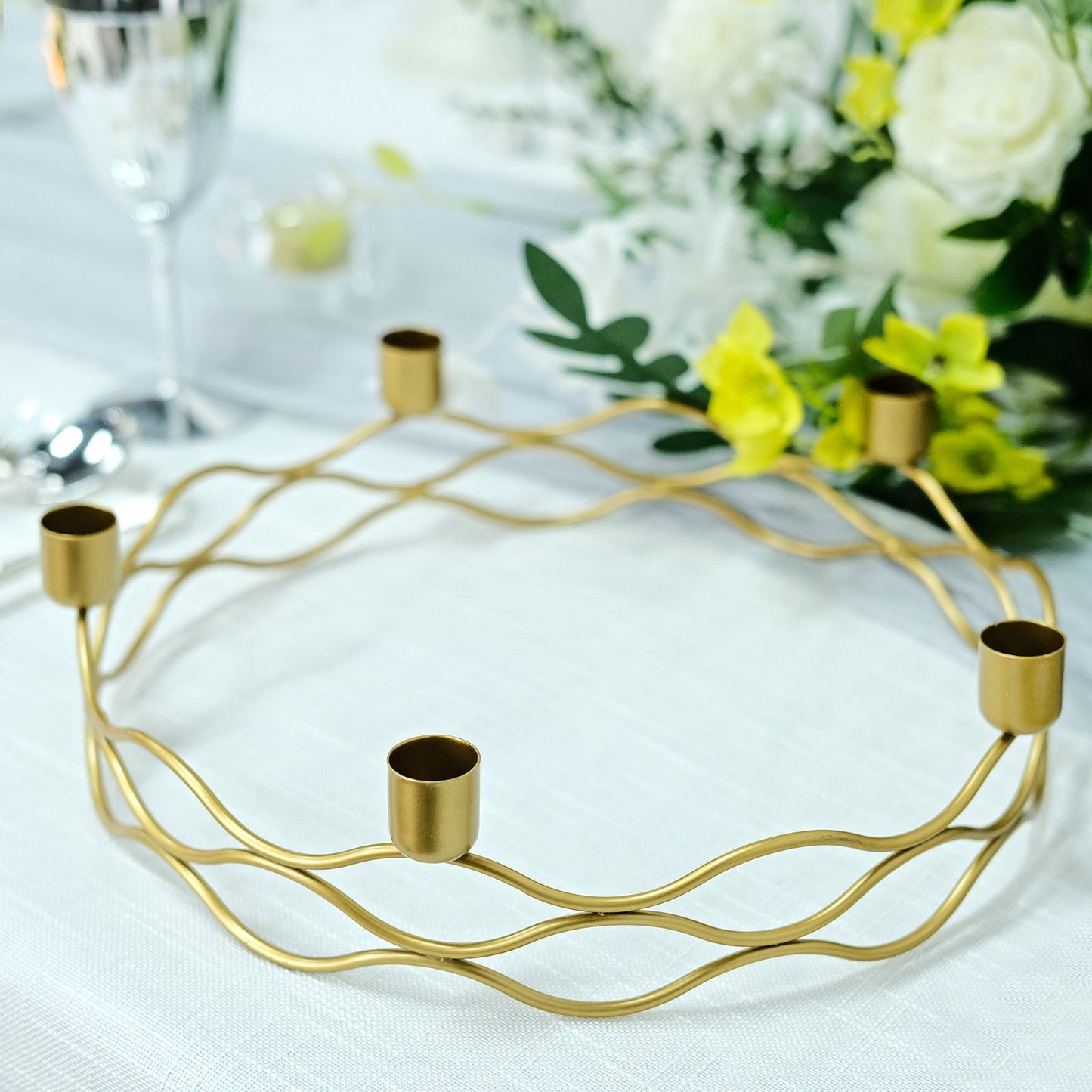 Wreath Design Gold 12 Inch Round Taper Candle Holder