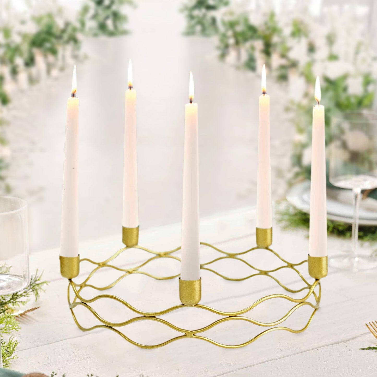 5 Arm Gold Metal Taper Candle Wreath Candelabra Candlestick Holder - 12" Round