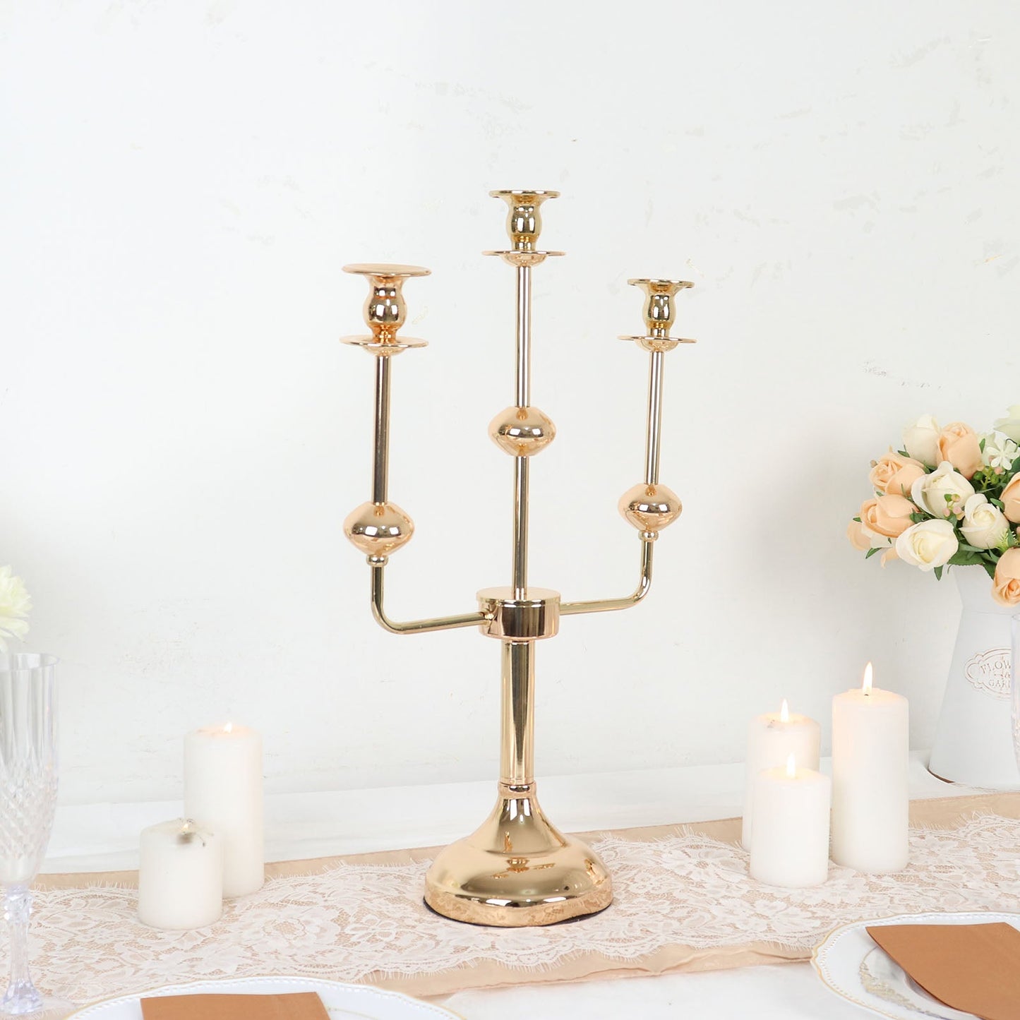 20 Inch Gold Metal 3 Arm Candelabra Table Centerpiece