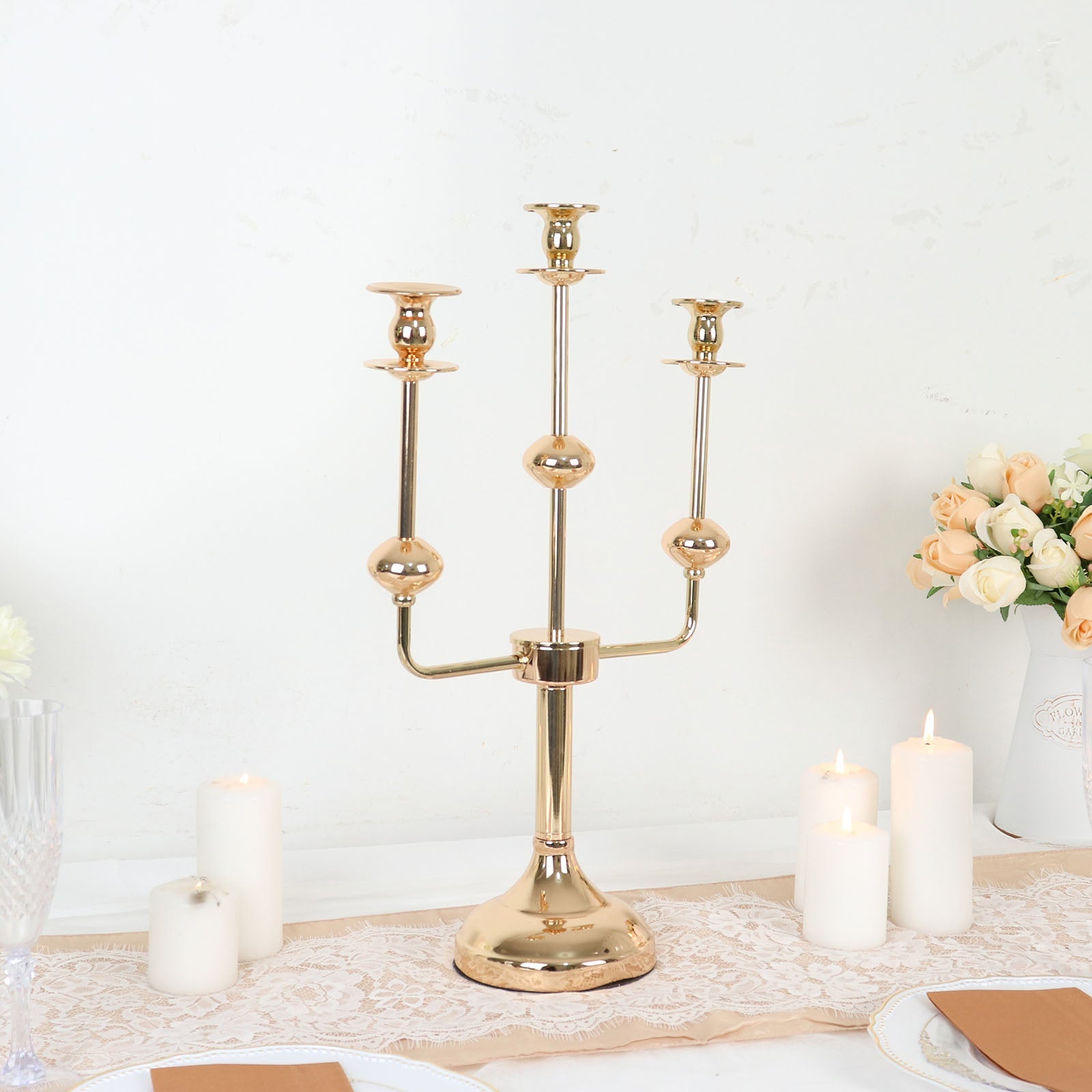 20 Inch Gold Metal 3 Arm Candelabra Table Centerpiece
