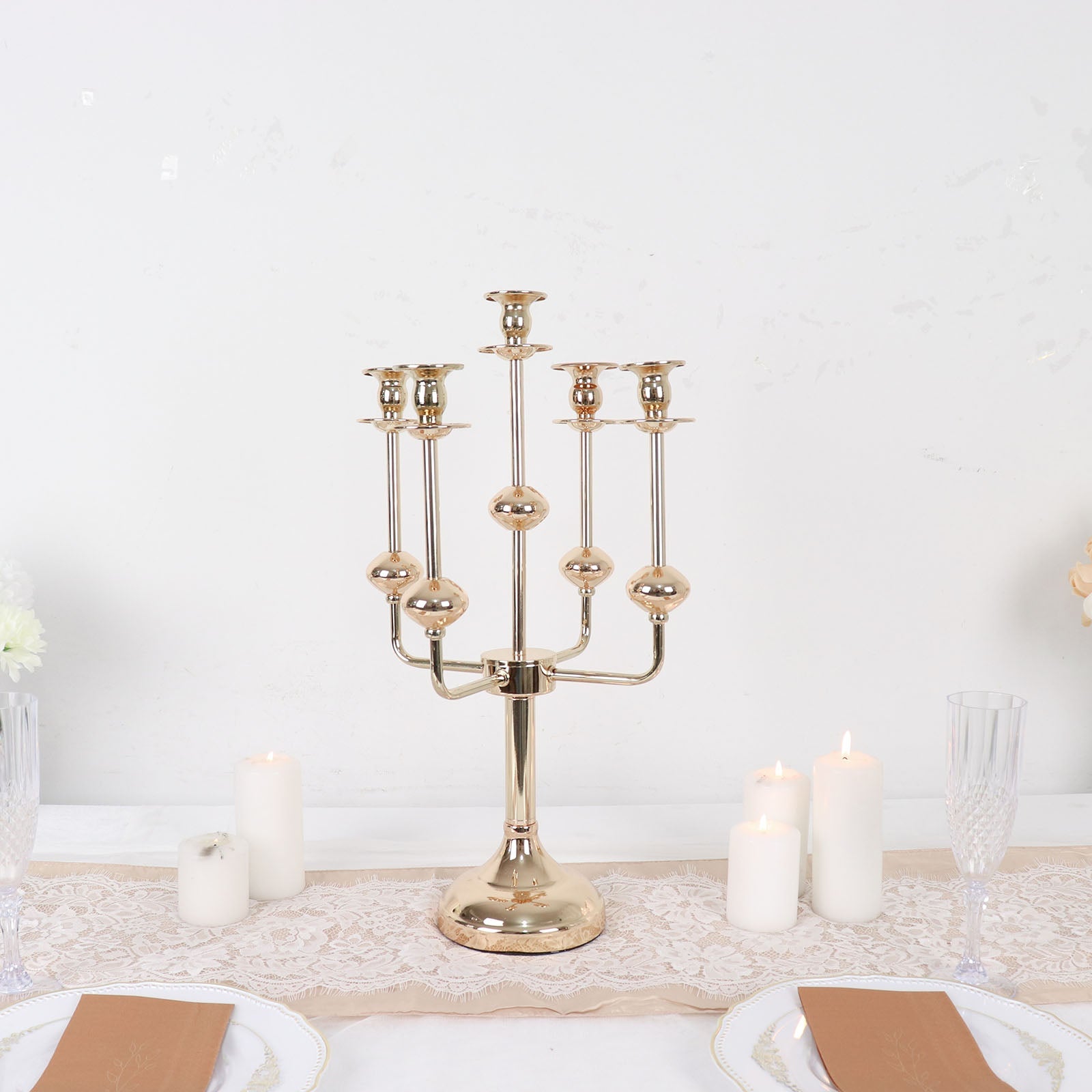 Gold 20 Inch Metal Candelabra Table Decoration 5 Arm