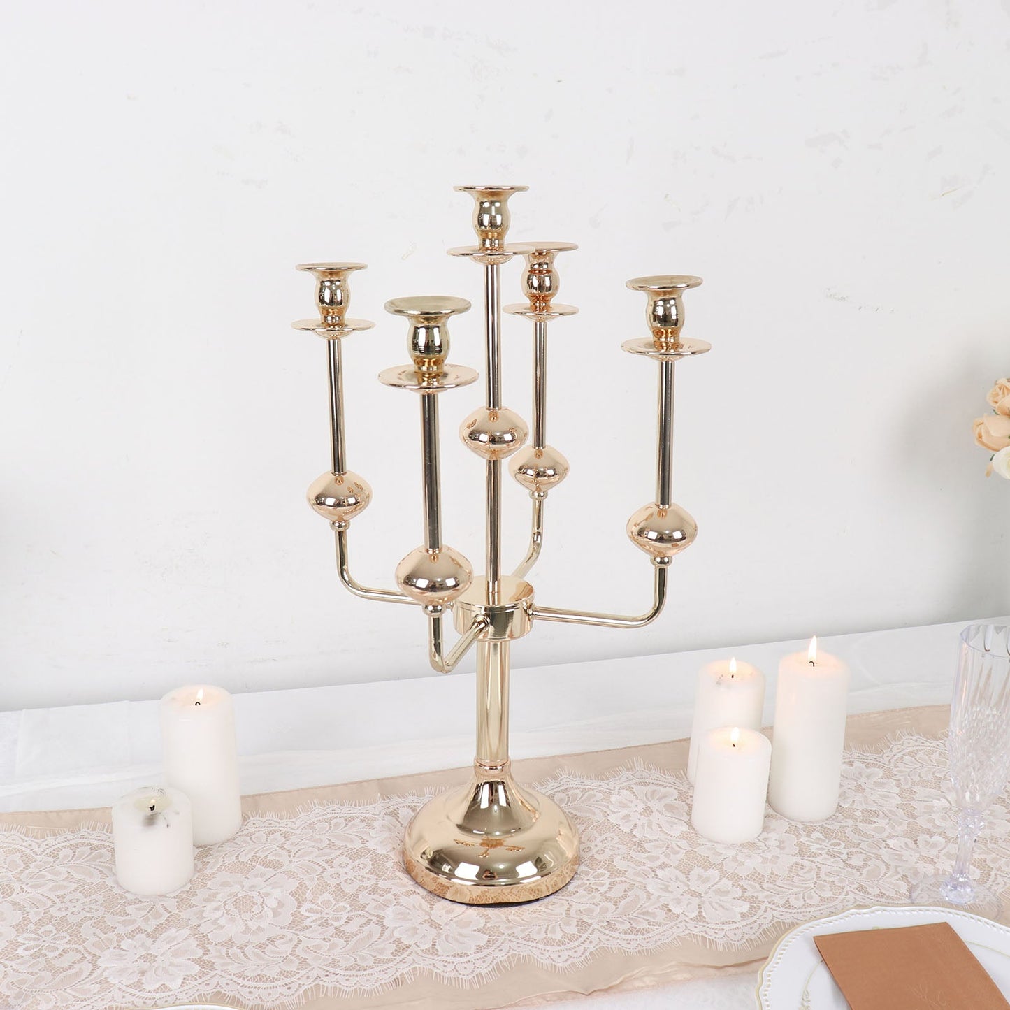 20 Inch Gold Metal 5 Arm Candelabra Table Centerpiece