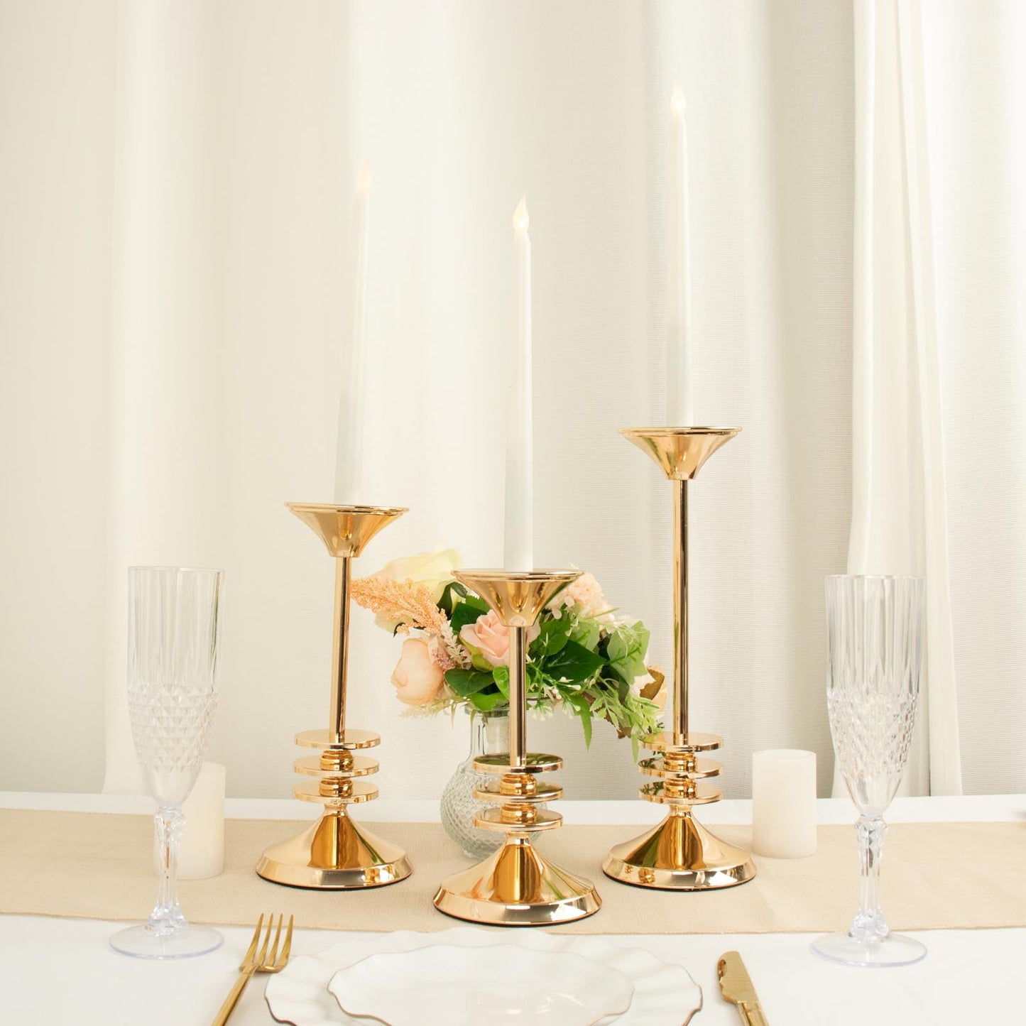 Set of 3 | Gold Metal Taper Candlestick Holders, 3 Disk Pedestal Design Candle Stands - 9", 11", 13"