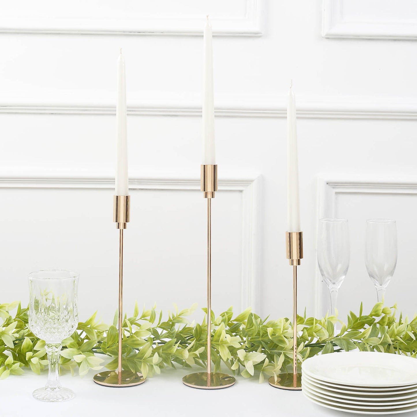 Set of 3 | Gold Metal Taper Candle Stands With Round Solid Base