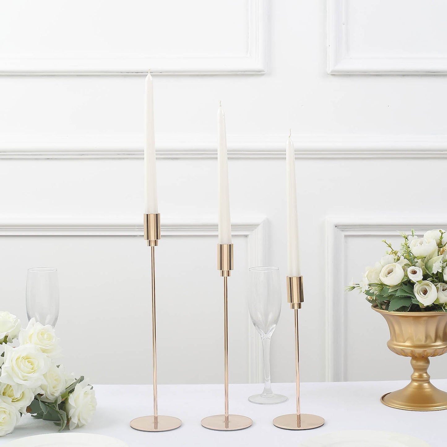 Set of 3 | Gold Metal Taper Candle Stands With Round Solid Base