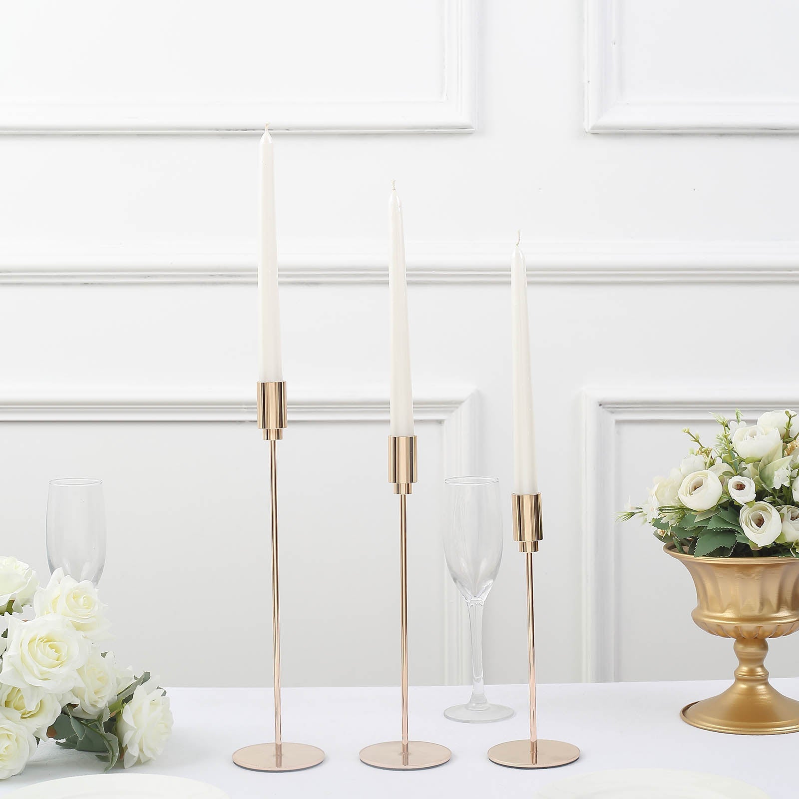Set of 3 | Gold Metal Taper Candle Stands With Round Solid Base