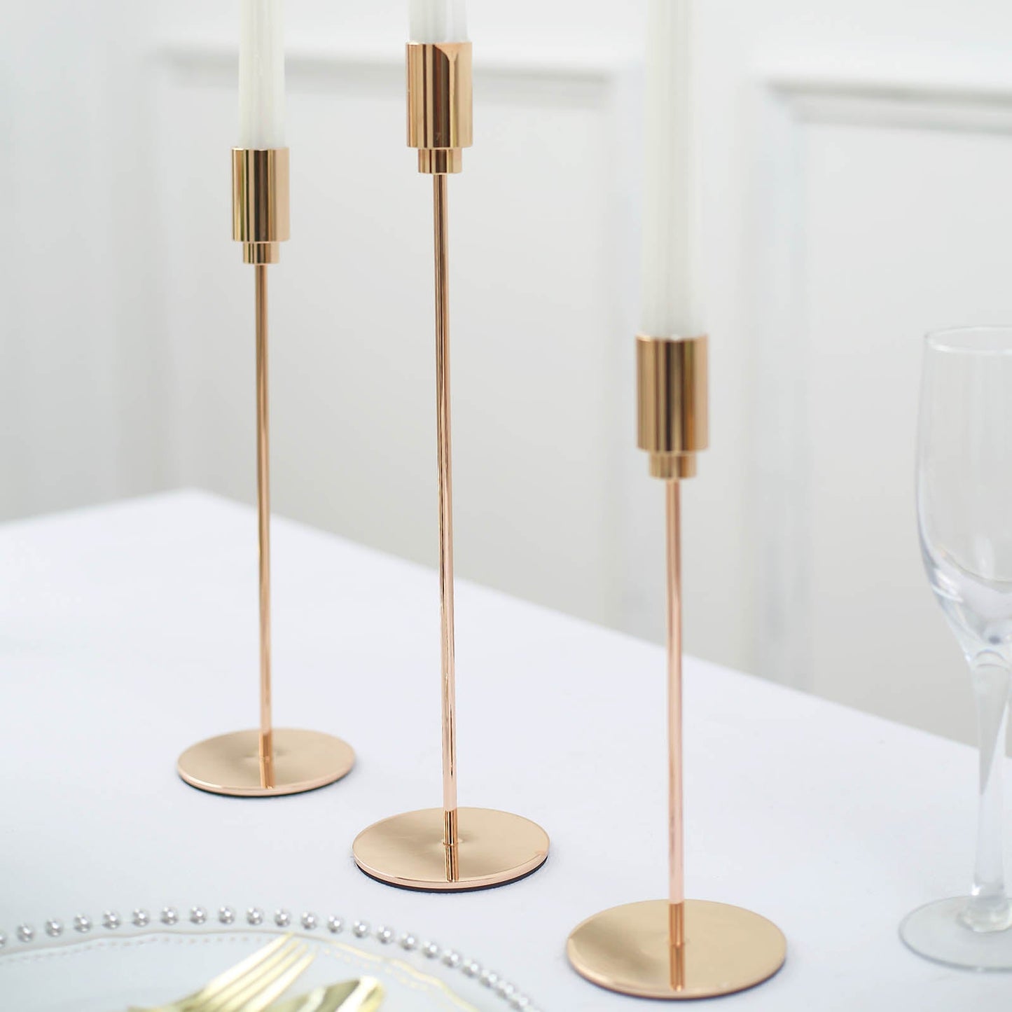 Set of 3 | Gold Metal Taper Candle Holder Set, Skinny Candlestick Stand With Round Solid Base - 9",10",13"