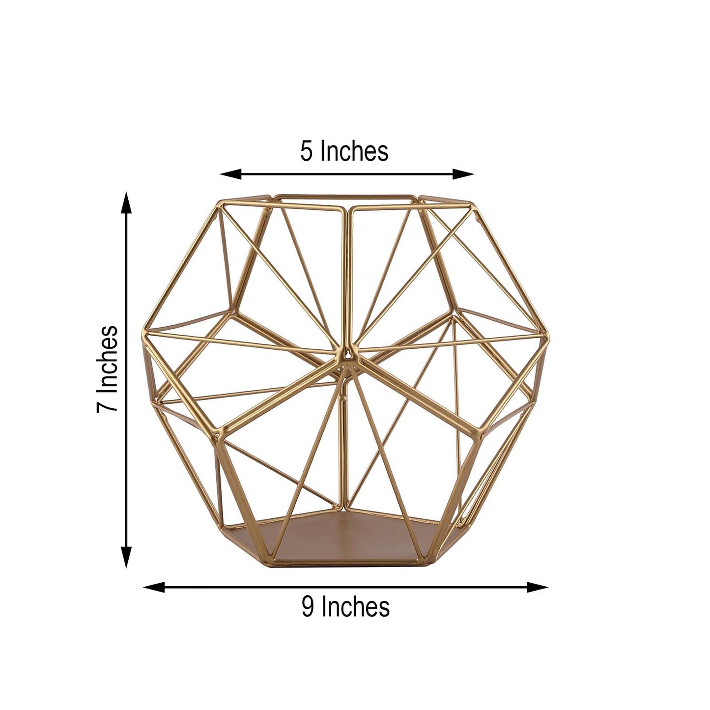 Gold metal pentagon prism tealight candle holder in geometric design.