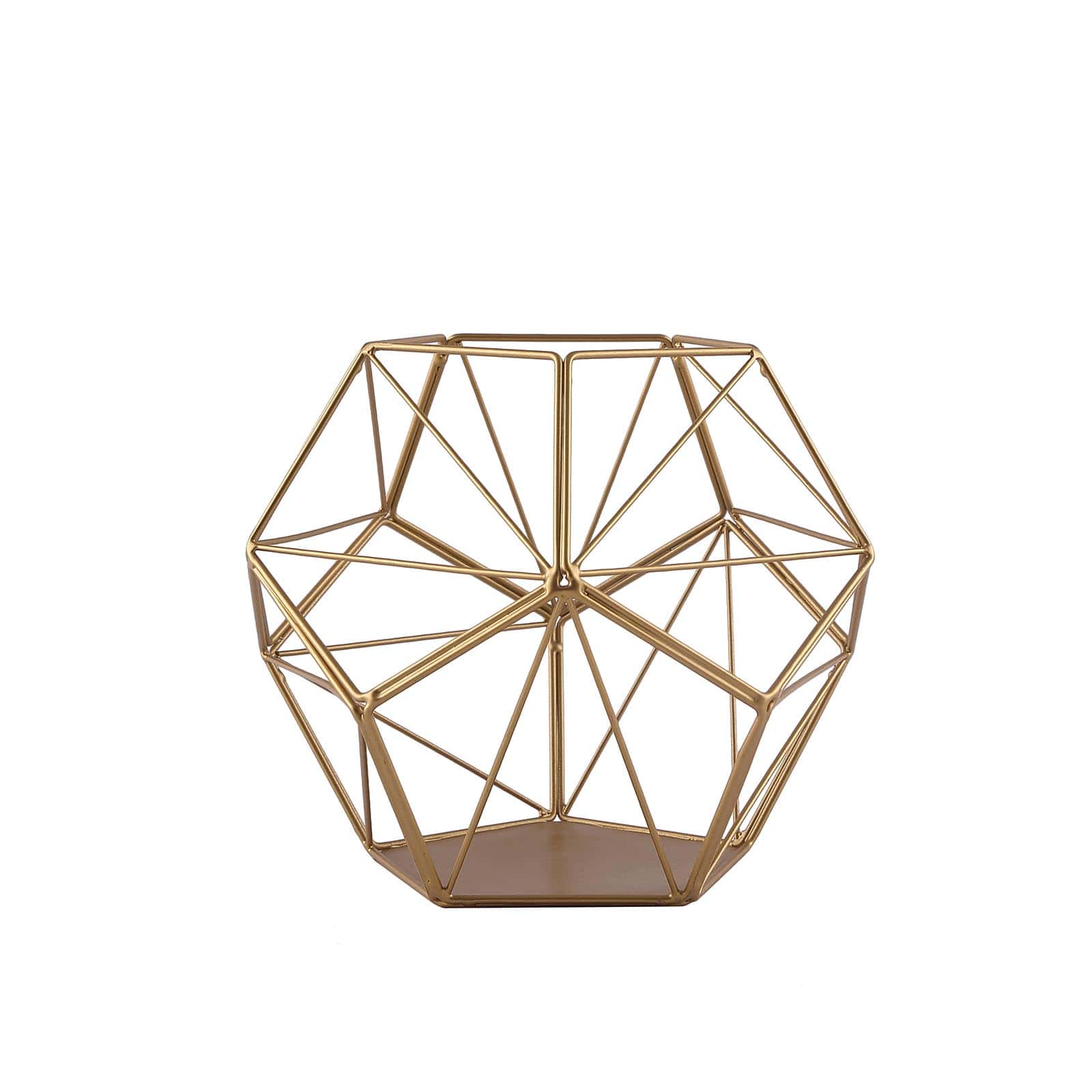 Gold metal pentagon prism tealight candle holder in geometric design.