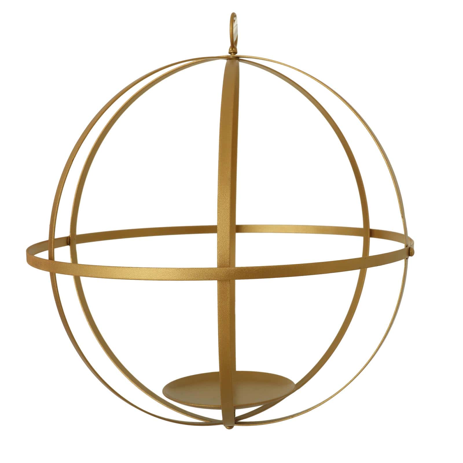 Gold wrought iron open frame centerpiece ball for candles or floral displays.