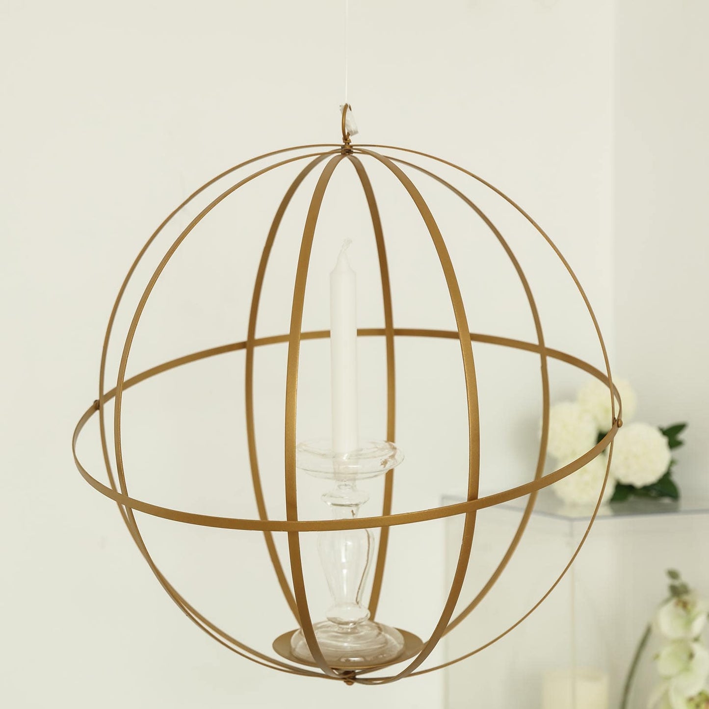 Gold wrought iron open frame centerpiece ball candle holder.