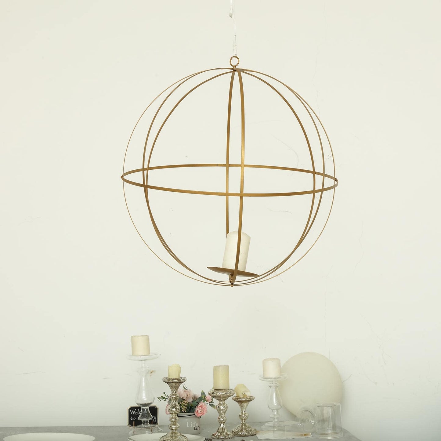 24" gold wrought iron open frame hanging candle holder sphere.