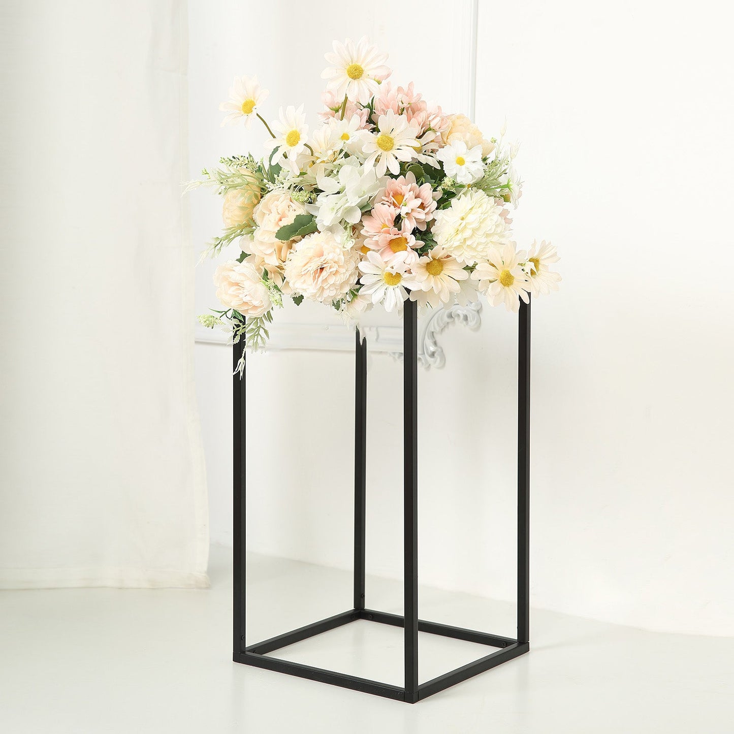 16" rectangular matte black metal wedding flower stand with floral arrangement.