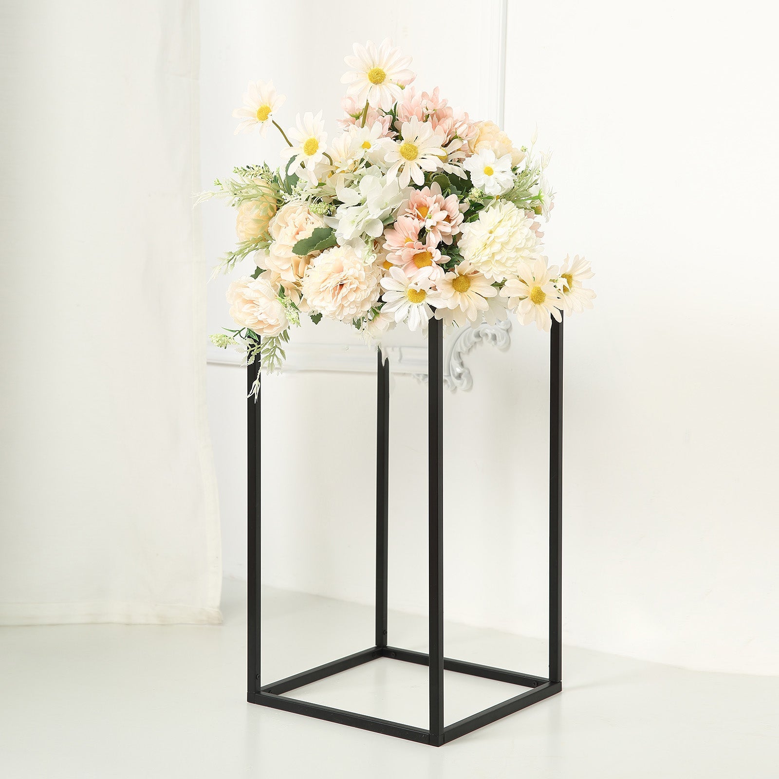 16" rectangular matte black metal wedding flower stand with floral arrangement.