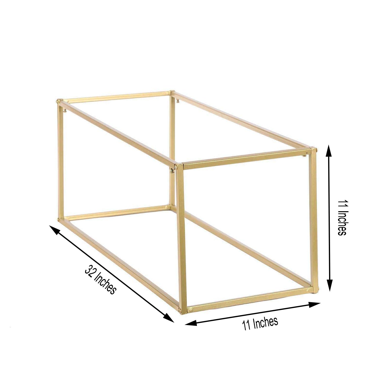 Gold rectangular metal wedding flower stand, 32 inches, geometric design centerpiece.