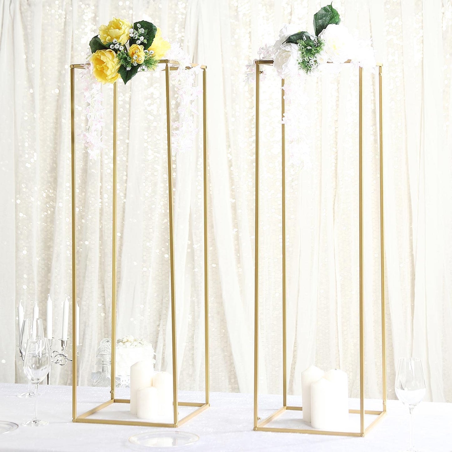 2 Pack | 40" Rectangular Gold Metal Wedding Flower Stand, Geometric Column Frame Centerpiece