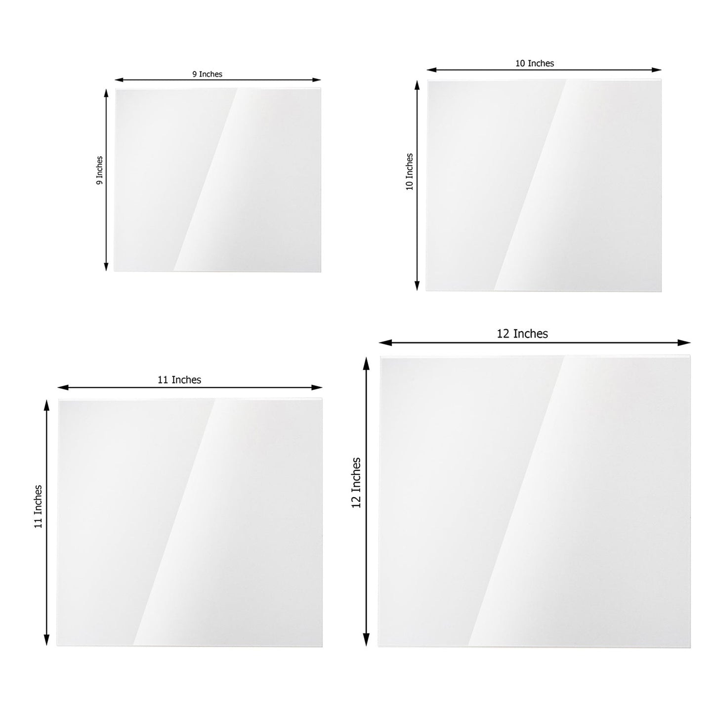 Clear acrylic square plexiglass sheets set of 4, assorted sizes.