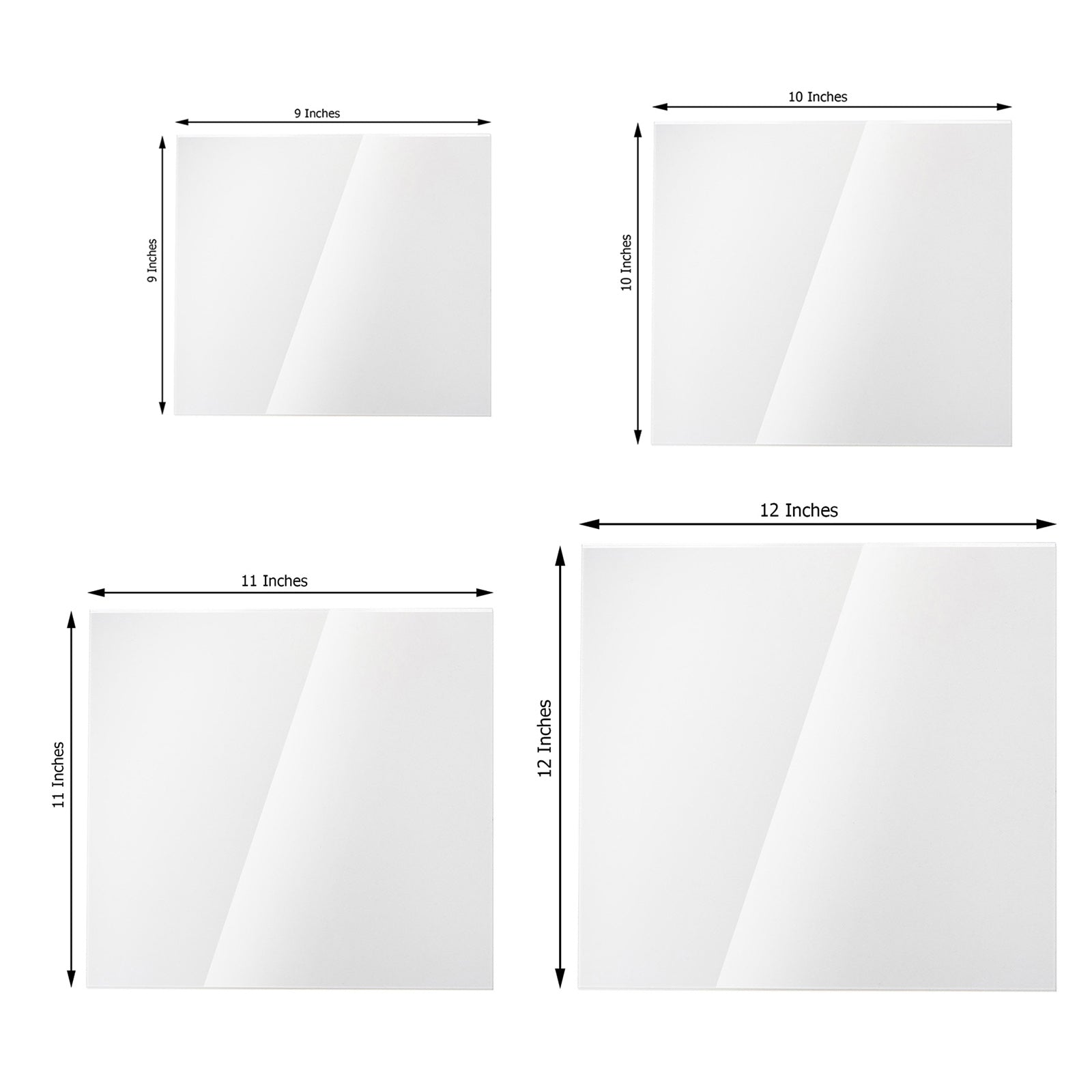Clear acrylic square plexiglass sheets set of 4, assorted sizes.