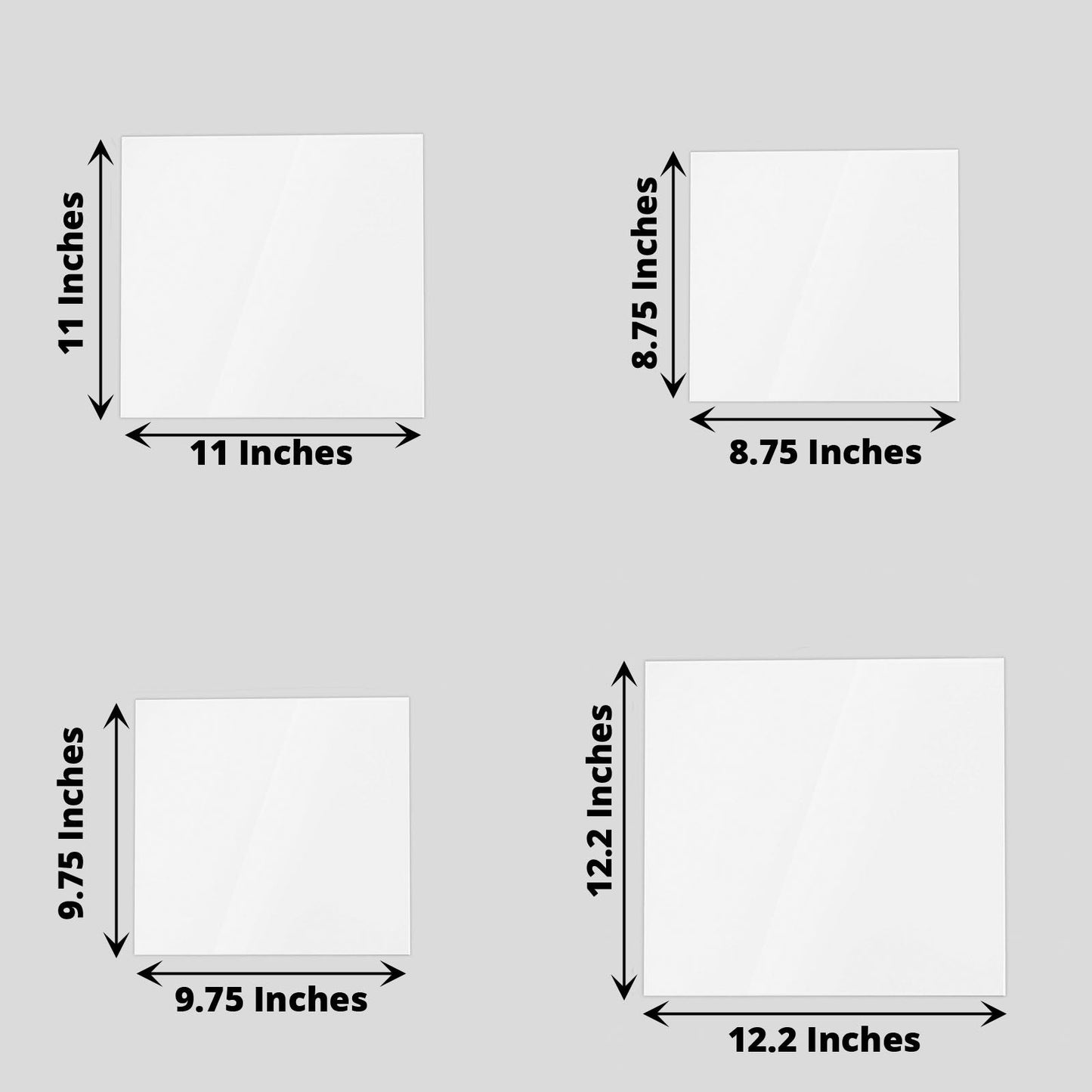 White acrylic square plexiglass sheets in assorted sizes.