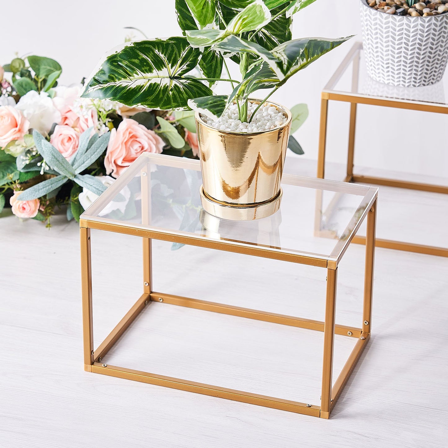 Clear acrylic sheets on a table with a gold frame and potted plant.