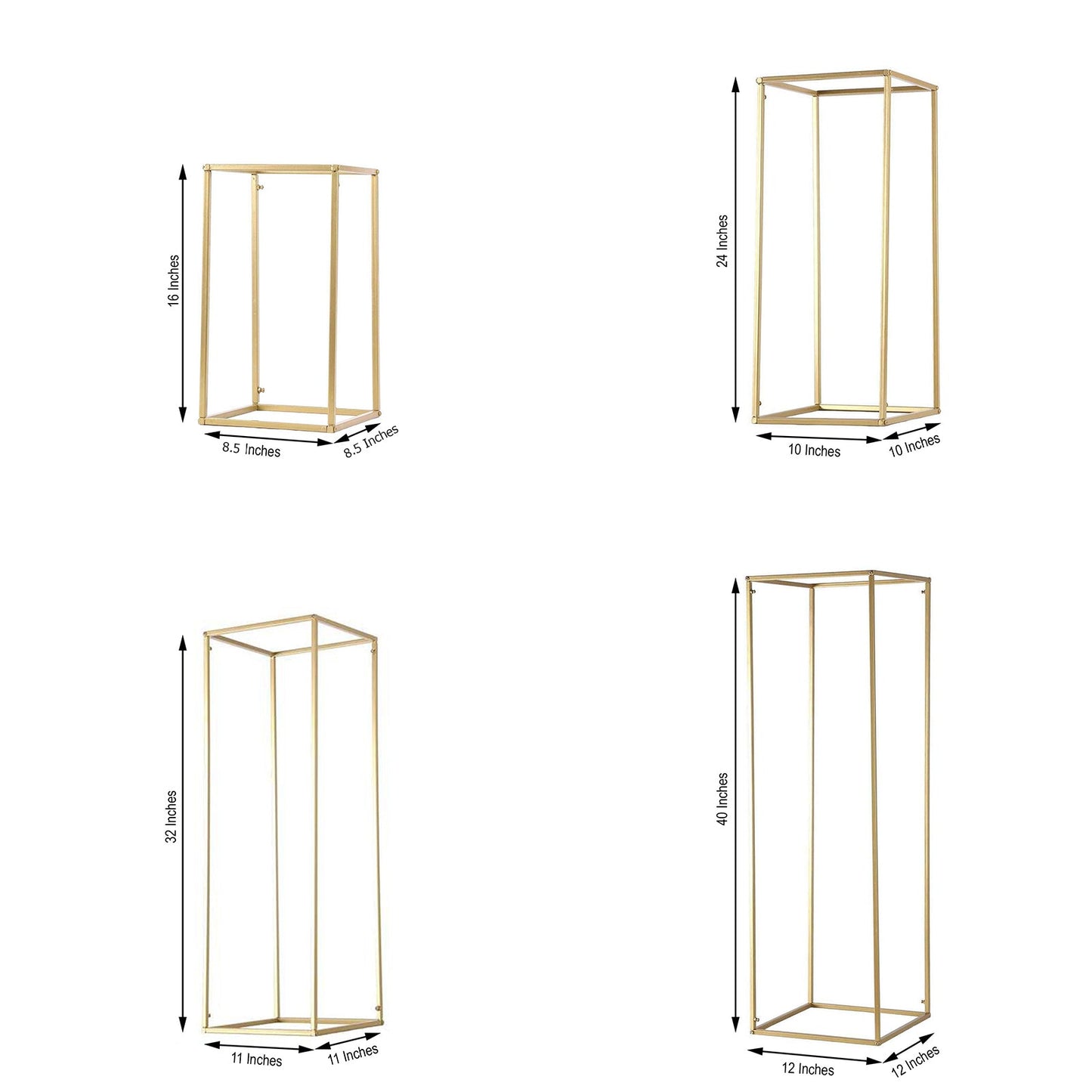 Matte gold metal frame flower stands in various heights for wedding centerpieces.