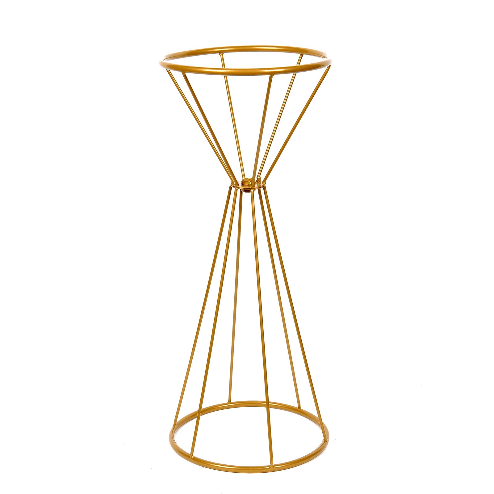 Gold geometric flower stand, 20" dual cone vase pedestal for weddings and centerpieces.