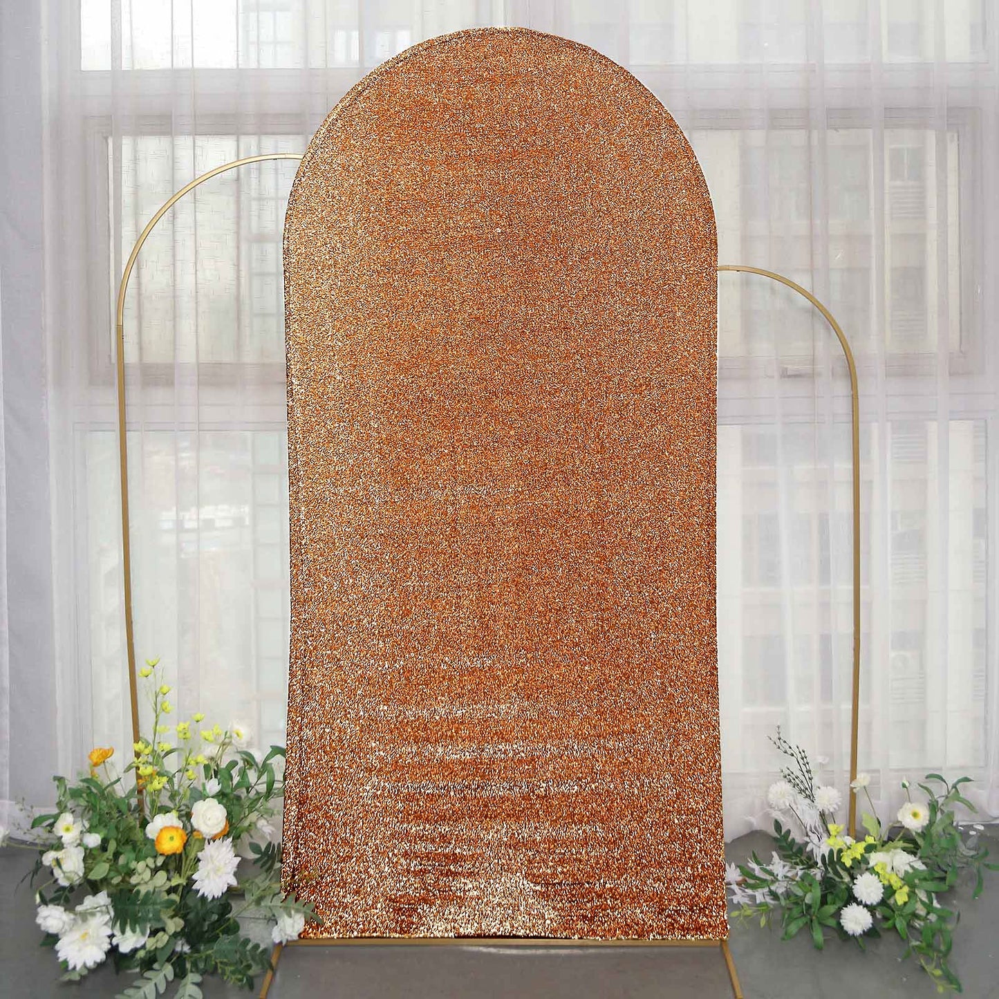 7ft Antique Gold Shimmer Tinsel Spandex Wedding Arch Cover For Fitted Round Top Chiara Backdrop Stand