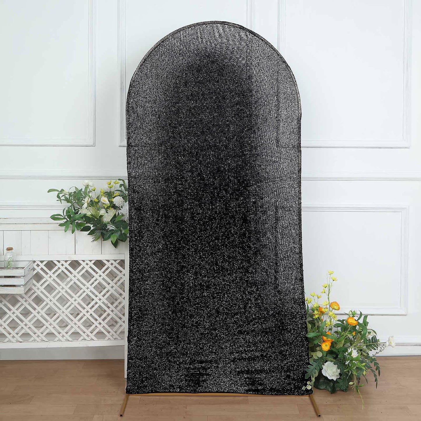 7ft Black Shimmer Tinsel Spandex Wedding Arch Cover For Fitted Round Top Chiara Backdrop Stand