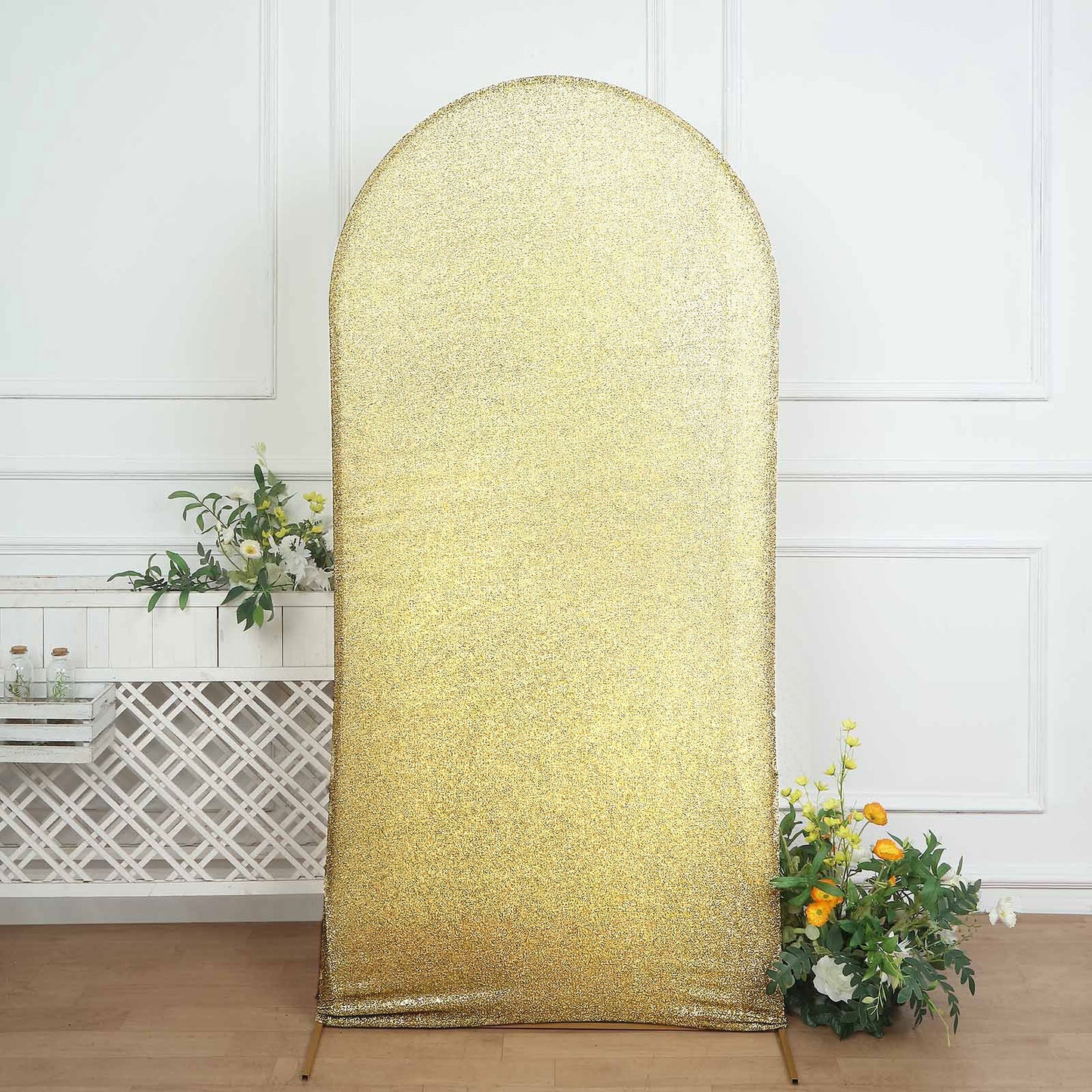 7ft Champagne Shimmer Tinsel Spandex Wedding Arch Cover For Fitted Round Top Chiara Backdrop Stand