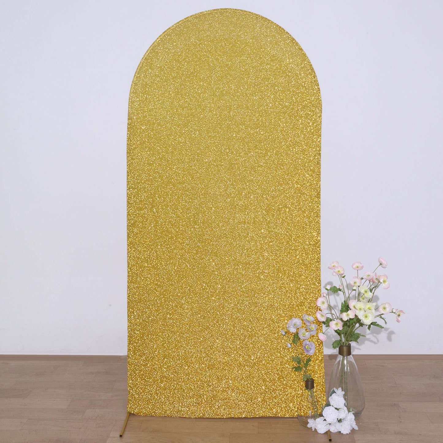 7ft Gold Shimmer Tinsel Spandex Wedding Arch Cover For Fitted Round Top Chiara Backdrop Stand